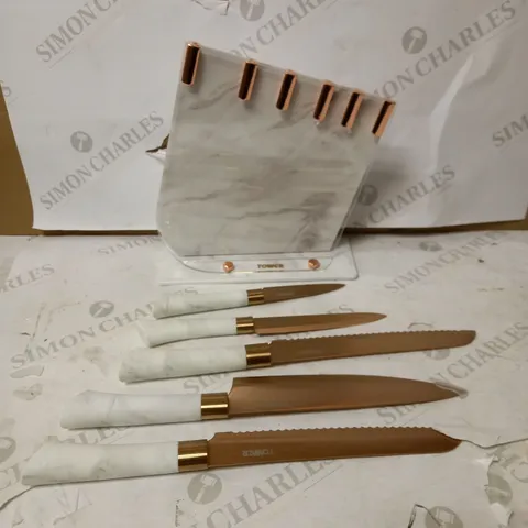 TOWER KITCHEN KNIFE SET WITH ACRYLIC KNIFE BLOCK, STAINLESS STEEL WITH SOFT TOUCH HANDLES, WHITE MARBLE AND ROSE GOLD