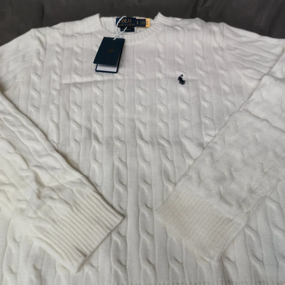 RALPH LAUREN POLO WHITE CABLE KNIT SWEATER – SIZE SMALL