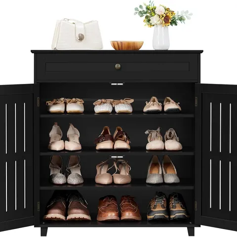 BOXED YAHEETECH SHOE CABINET, WOODEN STORAGE CABINET ORGANIZER WITH 1 DRAWER & 2 DOORS - BLACK (1 BOX)