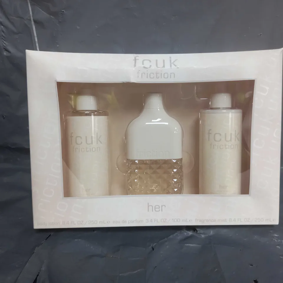 BOX OF APPROX 8 FCUK HER GIFT BOX TO INCLUDE - BODY LOTION  EAU DE PARFUM , FRAGRANCE MIST 