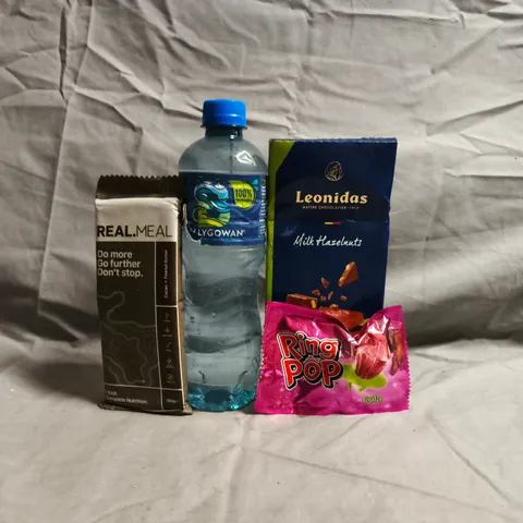 BOX OF APPROXIMATELY 10 ASSORTED FOOD AND DRINK ITEMS TO INCLUDE RING POP, LEONIDAS CHOCOLATE, ETC