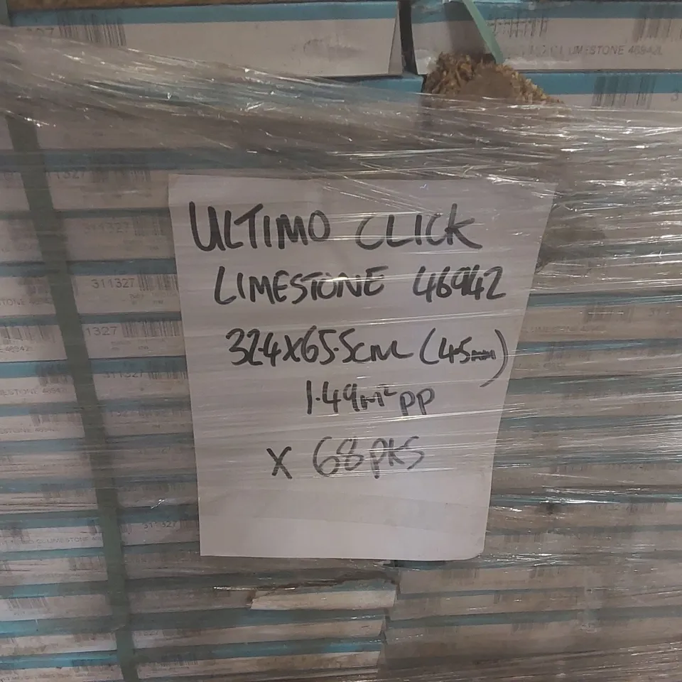 PALLET CONTAINING APPROXIMATELY 68x PACKS OF BRAND NEW ULTIMO CLICK LIMESTONE 32.4x65.5CM (45mm) 1.49M²PP LUXURY VINYL TILES