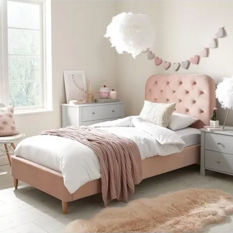BOXED GRADE 1 FREYA PINK VELVET SINGLE BED FRAME (2 BOXES)