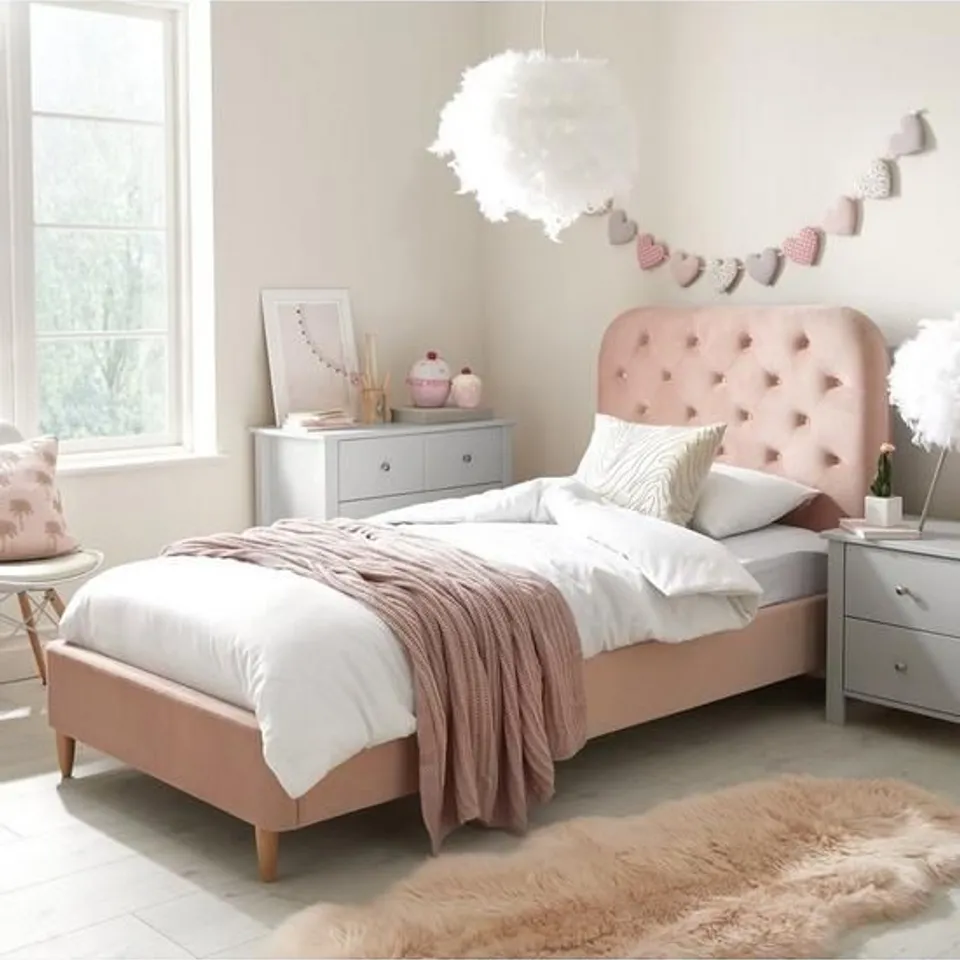 BOXED GRADE 1 FREYA PINK VELVET SINGLE BED FRAME (2 BOXES)