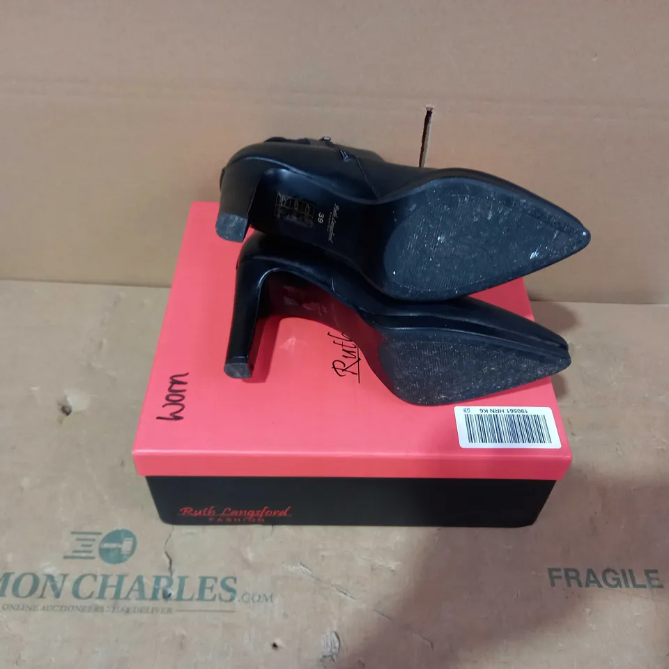 BOXED PAIR OF RUTH LANGSFORD BLACK HEELED BOOTS- SIZE 39