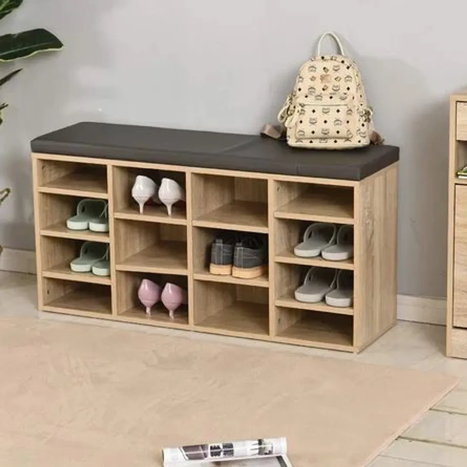BOXED BROWN 14 PAIR SHOE STORAGE CABINET