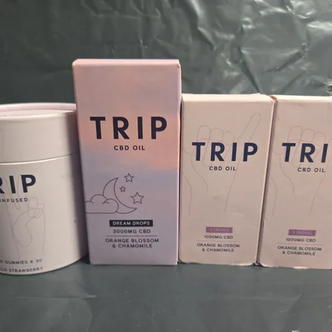 LOT OF 4 TRIP CBD ITEMS TO INCLUDE 3000MG OIL AND 300MG GUMMIES