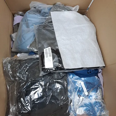 BOX OF APPROX. 50 ASSORTED CLOTHING VARYING IN SIZE/COLOUR/STYLE TO INCLUDE: TOPS, TROUSERS, JUMPERS