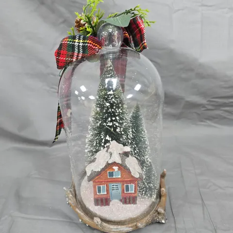 GLASS CLOCHE WITH WINTER VILLAGE SCENE ON WOODEN BASE, PLAID BOW