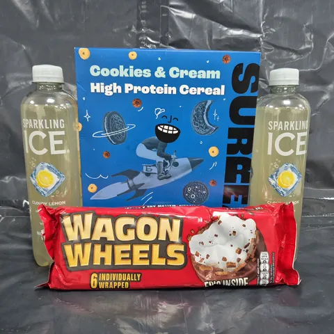 APPROXIMATELY 8 ASSORTED FOOD ITEMS TO INCLUDE WAGON WHEELS, COOKIES & CREAM HIGH PROTEIN CEREAL, ETC