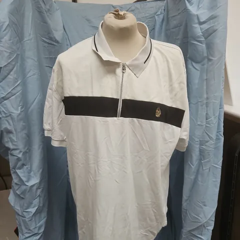 LUKE SPORT POLO SHIRT – WHITE WITH BLACK CHEST STRIPE, UK SIZE 3