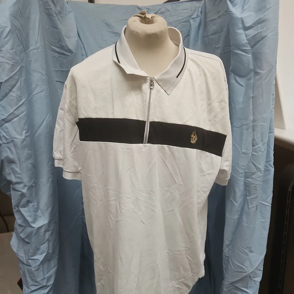 LUKE SPORT POLO SHIRT – WHITE WITH BLACK CHEST STRIPE, UK SIZE 3