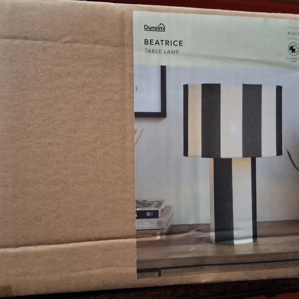 BOXED DUNELM BEATRICE TABLE LAMP – STRIPED SHADE,