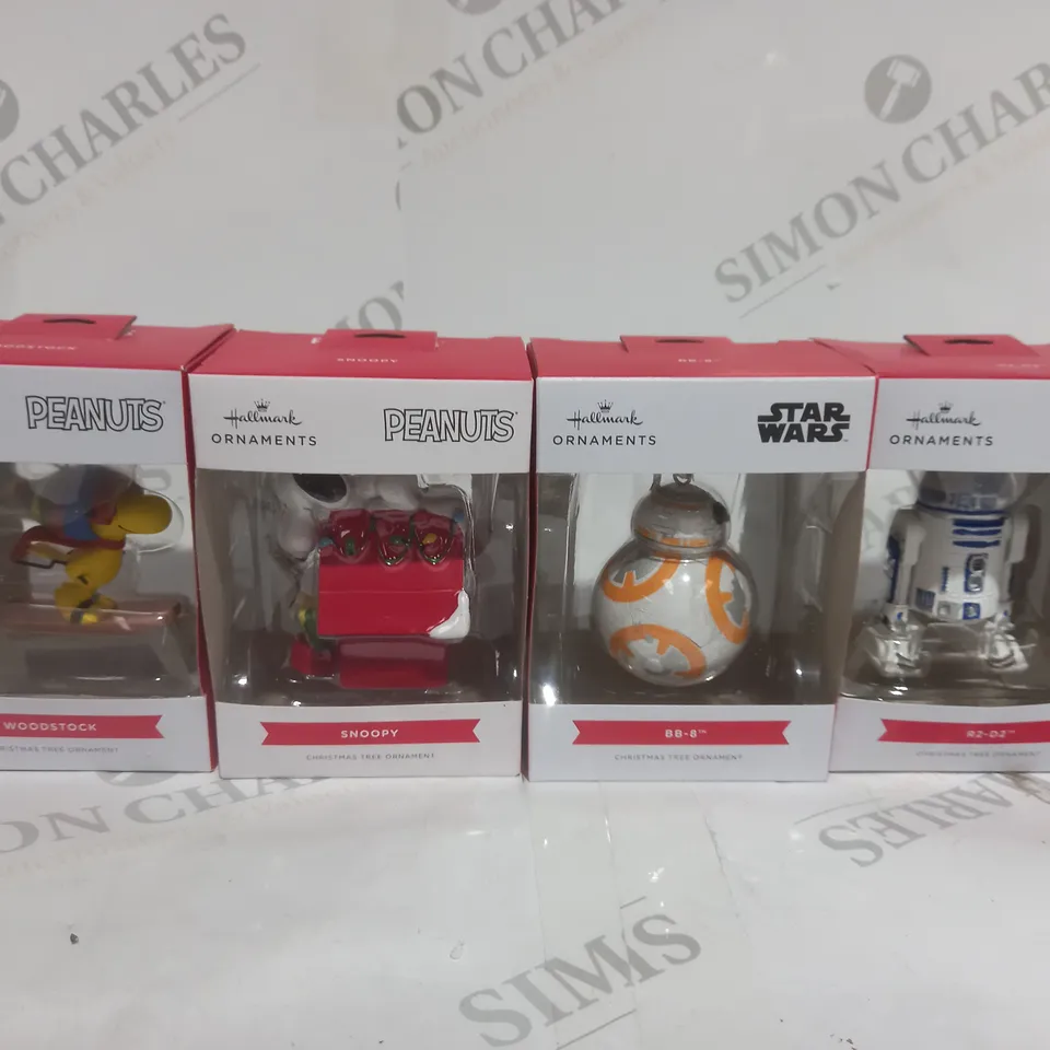 4 X HALLMARK ORNAMENTS TO INCLUDE SNOOPY, BB-8, R2-D2 ETC