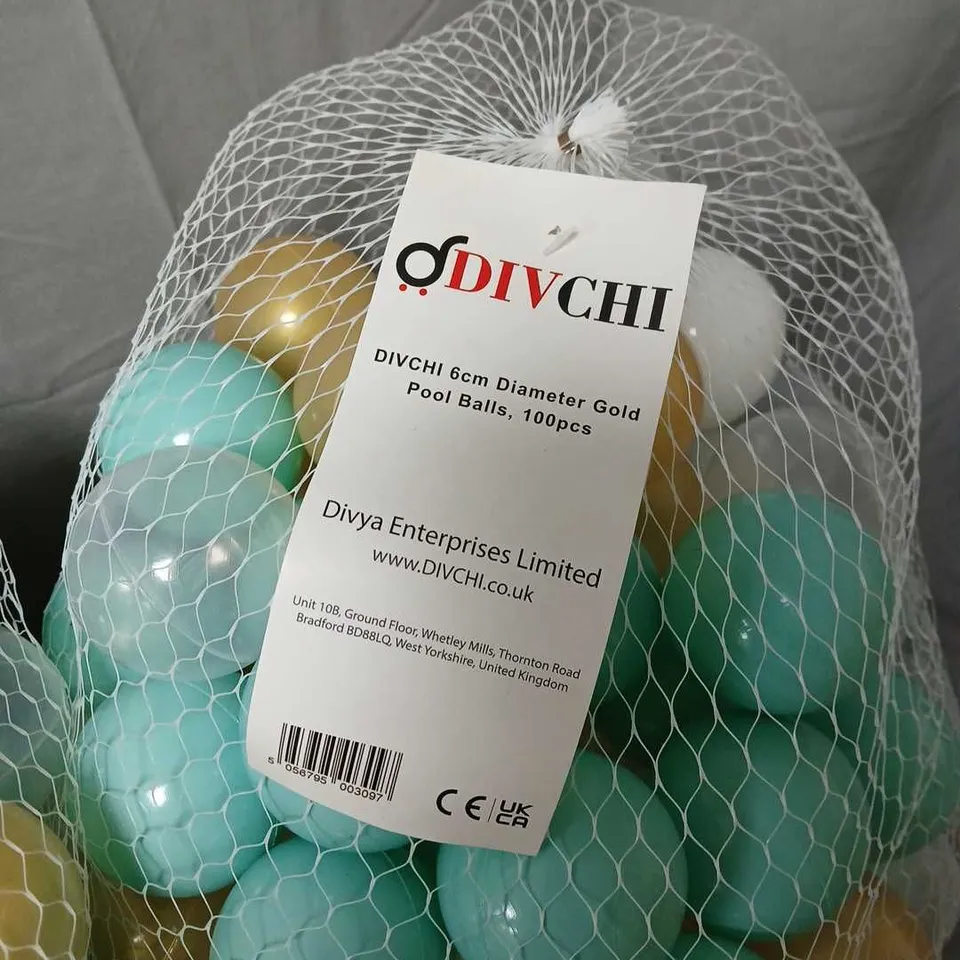 DIVCHI 6CM POOL BALLS, 100PCS, ASSORTED TURQUOISE, BLUE, WHITE & GOLD – 2 NET BAGS OF 100