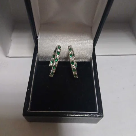 DIAMONIQUE 1.25CT TW SIMULATED EMERALD HOOP EARRINGS