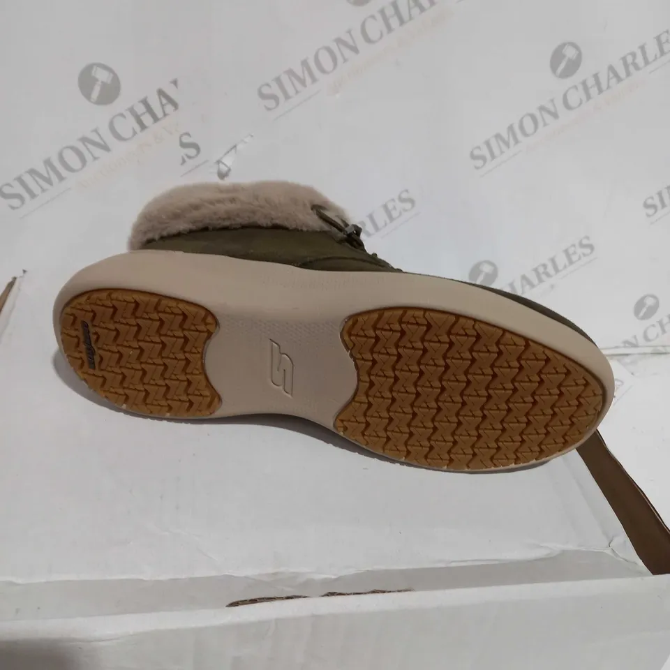 BOXED SKECHERS GO WALK STABILITY SUEDE BOOTS, OLIVE - SIZE 4