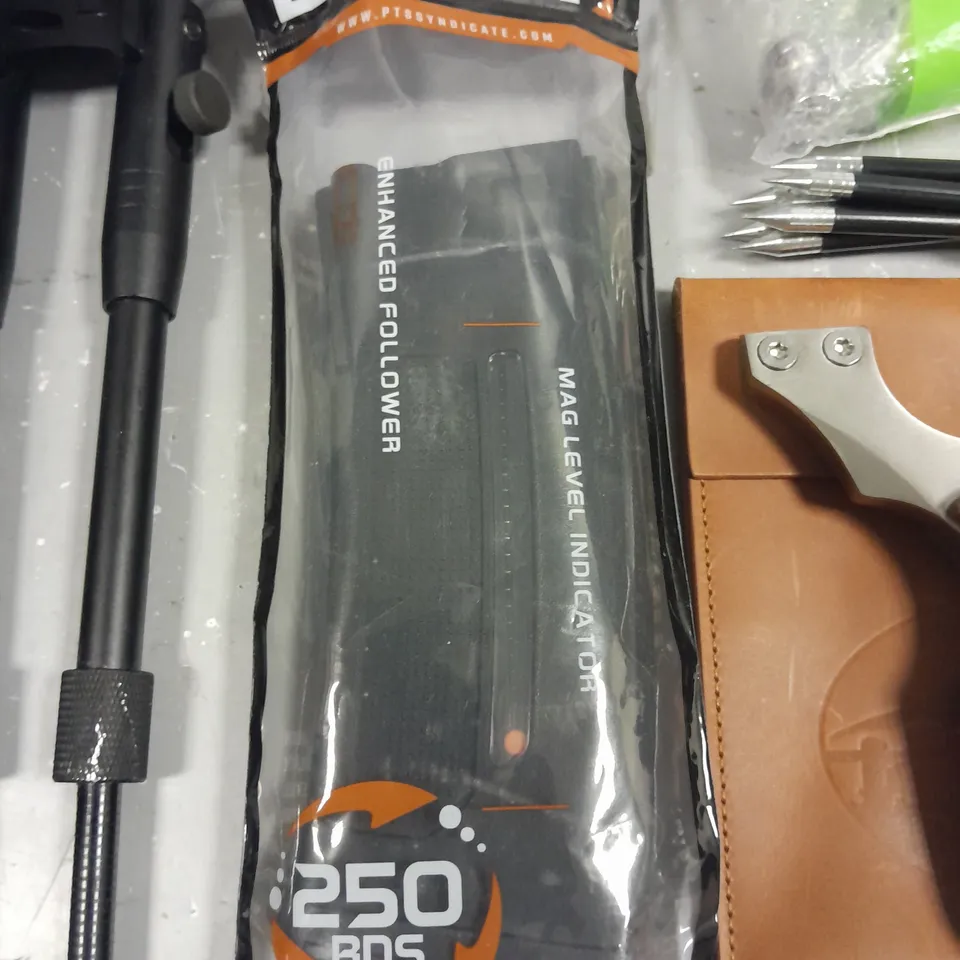 LOT OF APPROXIMATELY 12 ASSORTED SPORTING ITEMS TO INCLUDE BB'S, CATAPULTS AND ODIN MAGAZINE