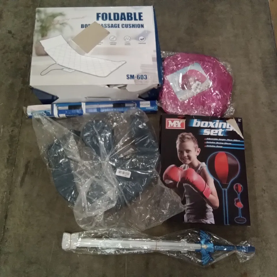 PALLET OF ASSORTED ITEMS INCLUDING M.Y BOXING SET, FOLDABLE BODY MASSAGE CUSHION, DOORWAY PULL UP BAR, KIDS PINK POP UP TENT, GOLF TRAINING NET, WHITE PORTABLE TOILET