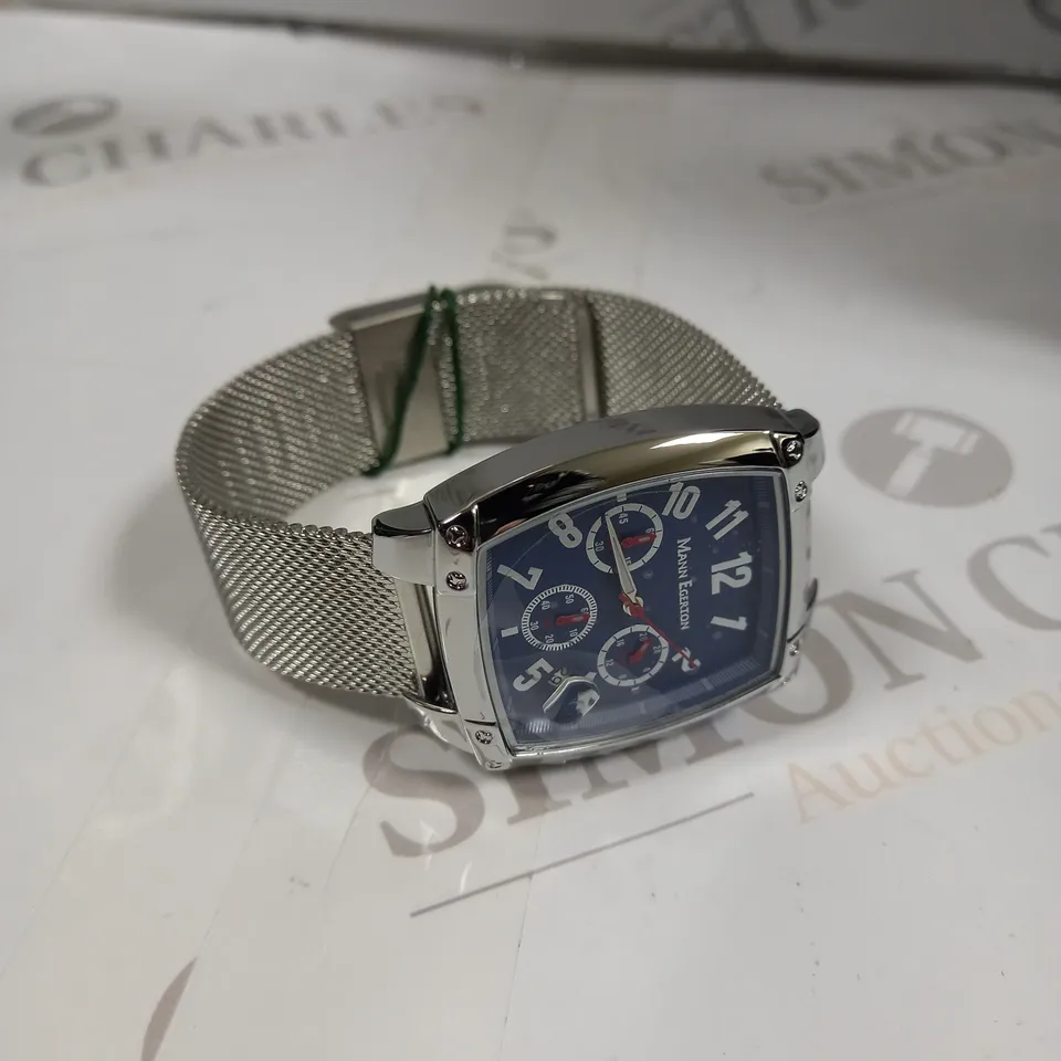 BOXED MANN EGERTON IMPACT STEEL BLUE DIAL MESH STRAP WATCH 
