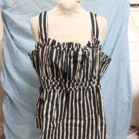 EAST STRIPED SLEEVELESS DRESS WITH RUFFLE NECKLINE IN BLACK/WHITE SIZE 16