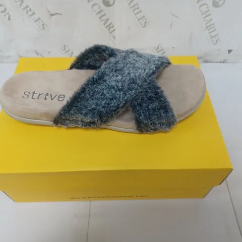 BOXED PAIR OF STRIVE SANDALS WITH GREY FAUX FUR STRAPS SIZE UK 7