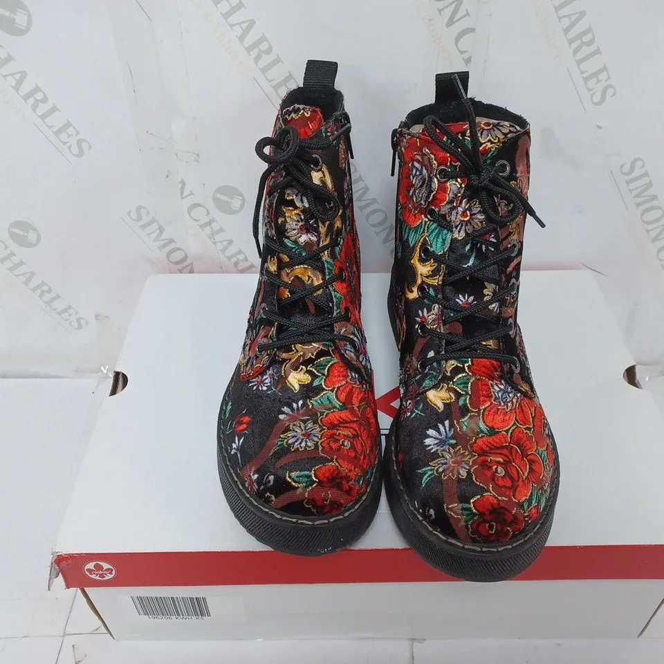 BOXED PAIR OF RIEKER LACE UP BOOTS MULTI/FLORAL PATTERN - SIZE 5