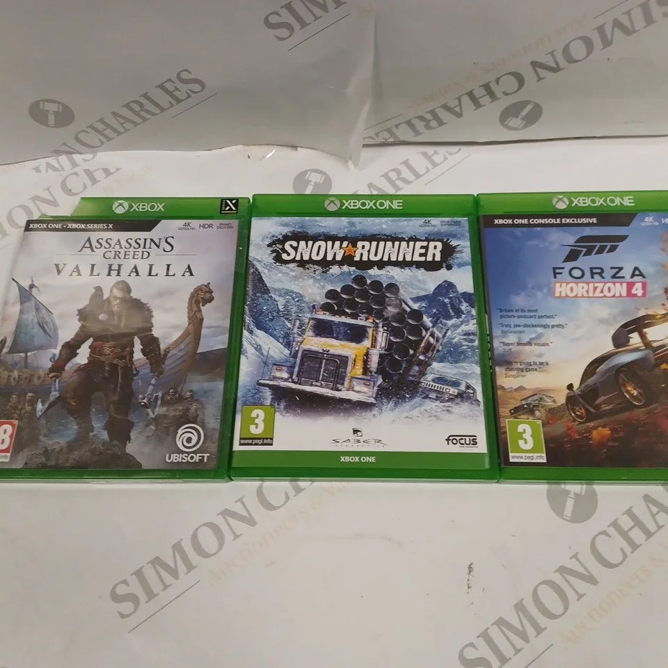 XBOX ASSASSINS CREED VALHALLA, XBOX ONE SNOW RUNNER, AND FORZA HORIZON 4 