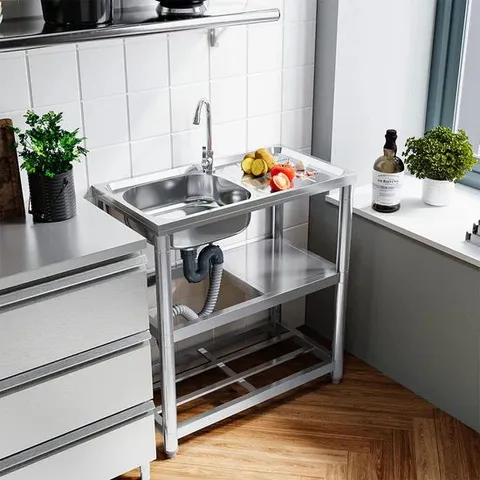 BOXED STAINLESS STEEL ONE COMPARTMENT SINK WITH SHELVES AND DRAINBOARD - SILVER (1 BOX)