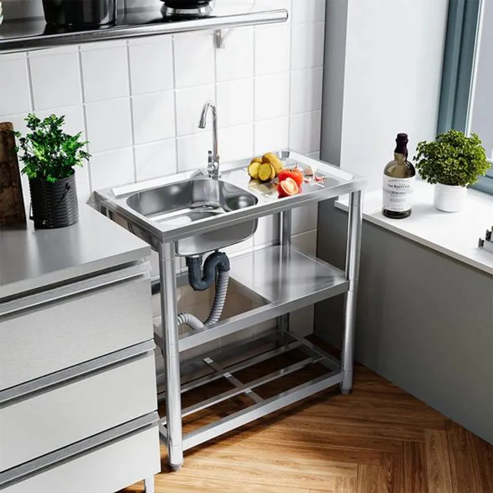 BOXED STAINLESS STEEL ONE COMPARTMENT SINK WITH SHELVES AND DRAINBOARD - SILVER (1 BOX)