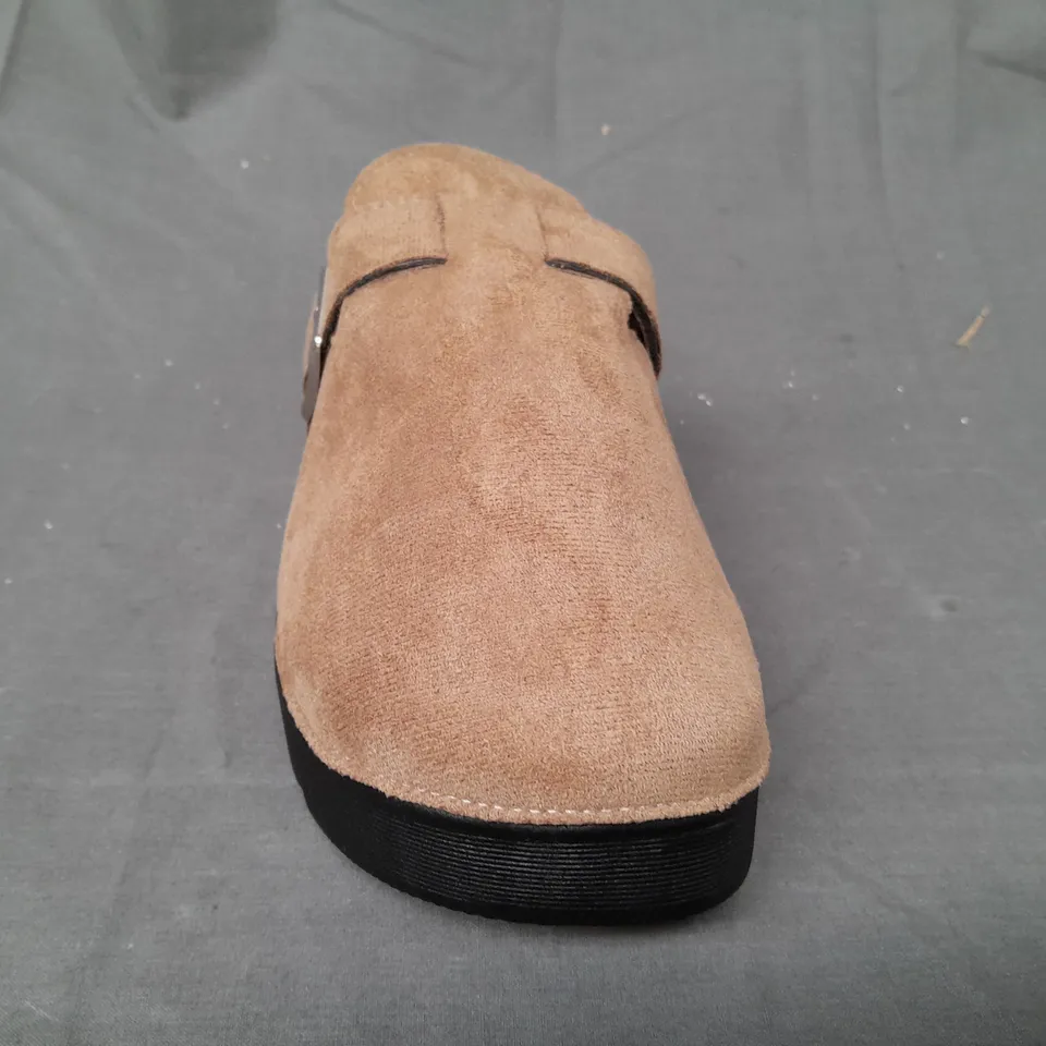 BOXED PAIR OF DESIGNER PLATFORM CLOSED TOE CLOGS IN TAUPE SIZE 6