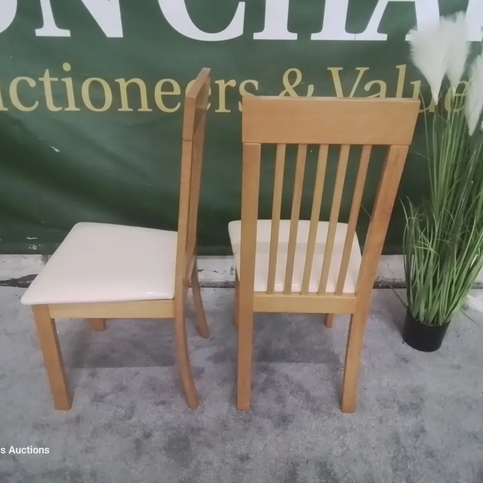 PAIR BALI OAK DINING CHAIRS IVORY SEAT PADS