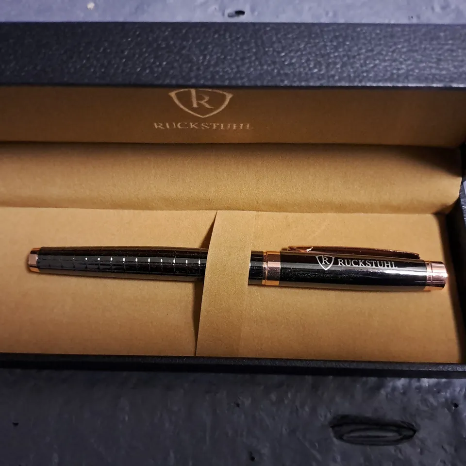 RUCKSTUHL STAINLESS STEEL LUXURY PEN IN GIFT BOX – BLACK & ROSE GOLD COLOUR CASE