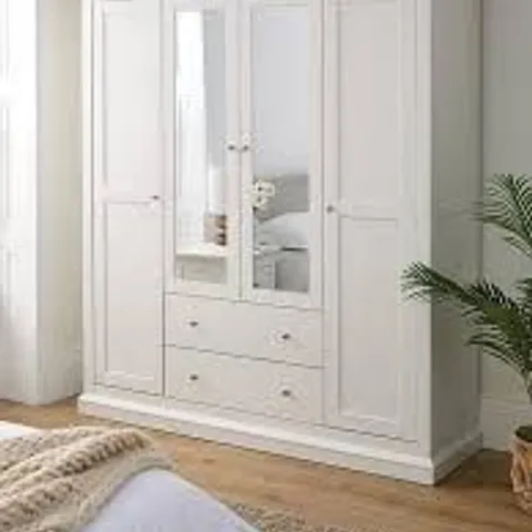 BOXED HANNA 4 DOOR, 2 DRAWER MIRRORED COMBI WARDROBE - WHITE (4 BOXES)