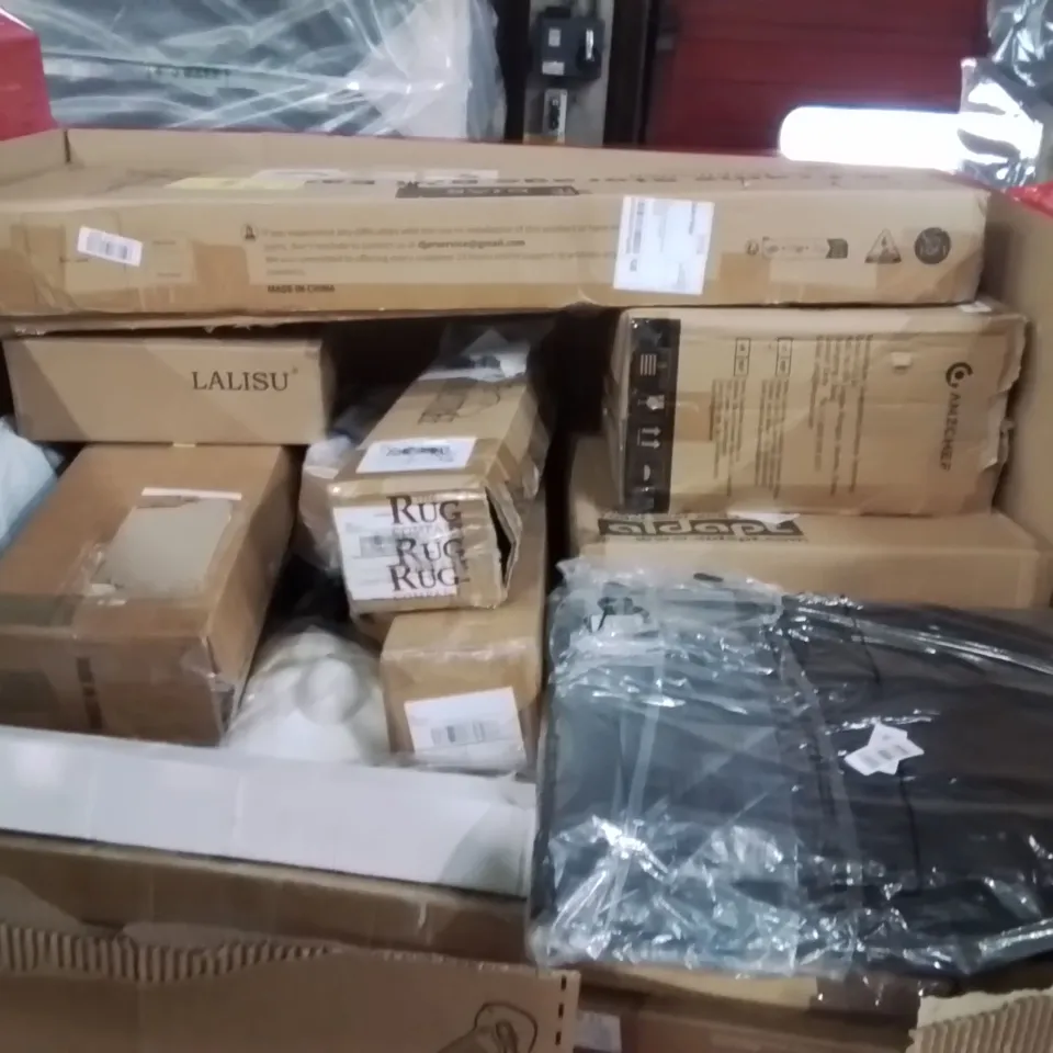 PALLET OF ASSORTED HOUSEHOLD GOODS AND PRODUCTS TO INCLUDE;CEILING FAN,PLAYMAT TENNIS RACKET