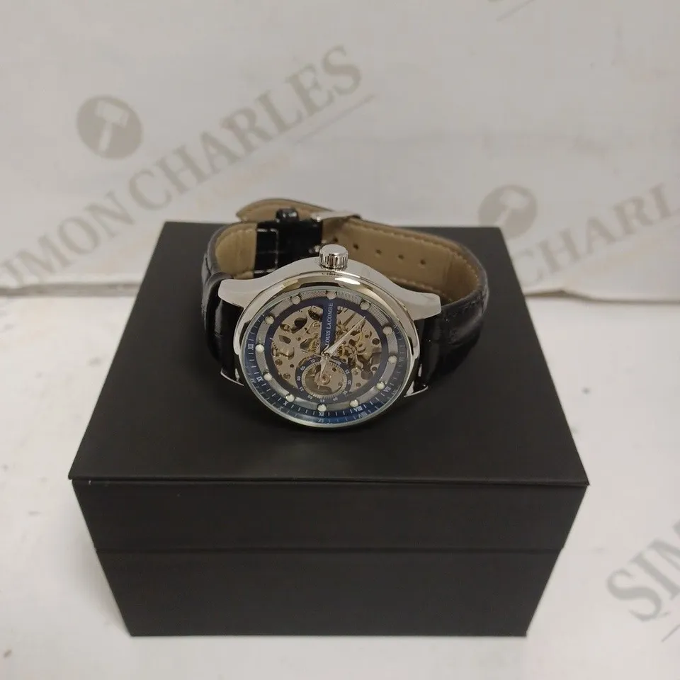MENS LOUIS LACOMBE AUTOMATIC WATCH – SKELETON DIAL – GLASS EXHIBITION BACK CASE – LEATHER STRAP 
