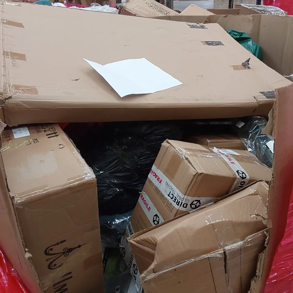 PALLET OF ASSORTED HOUSEHOLD ITEMS AND CONSUMER PRODUCTS TO INCLUDE; CHANDELIER LIGHT, ELECTRIC BLANKET, TOILET SEAT, BOXED FURNITURE ETC 
