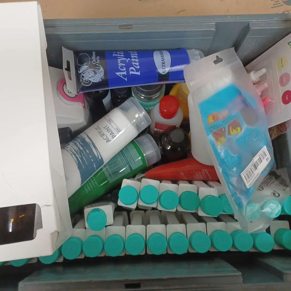 BOX OF ASSORTED HOUSE HOLD ITEMS TO INCLUDE - PAINTS - DEFUSES - WOOD GLUE - COLLECTION ONLY