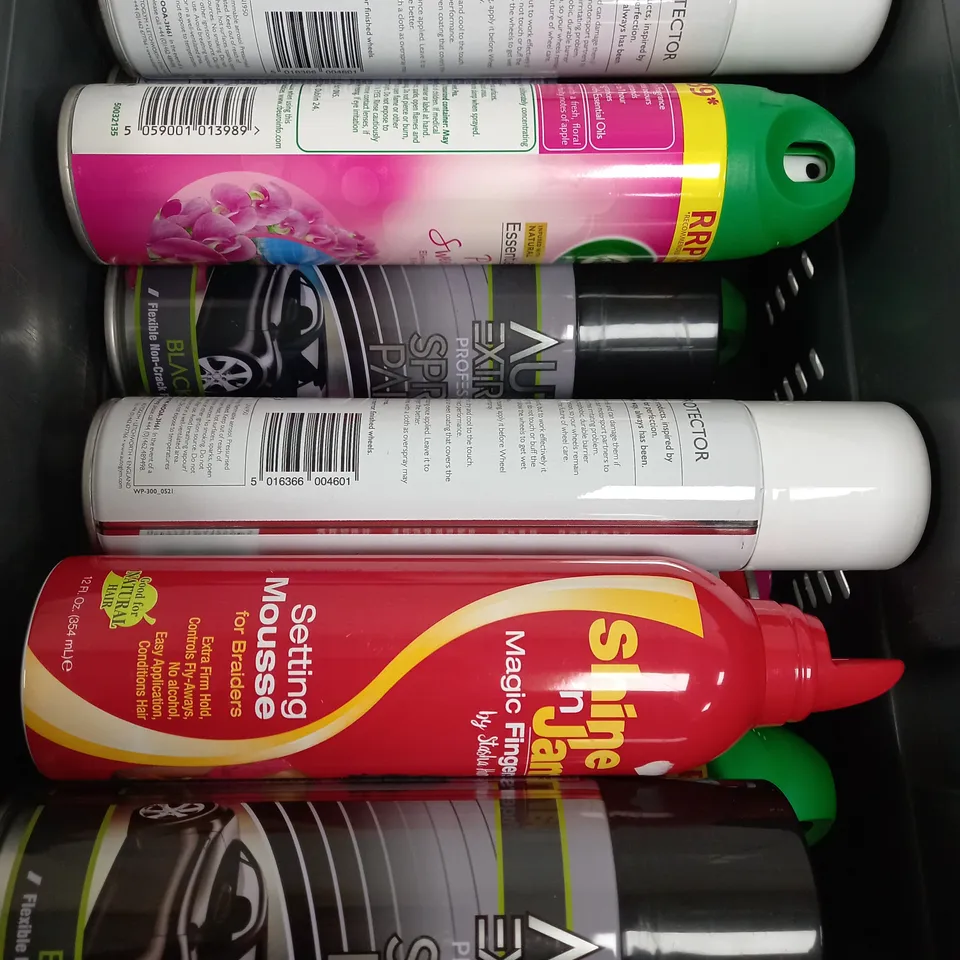 BOX OF APPROX 15 ASSORTED LIQUIDS TO INCLUDE - SHINE N JAM, SPRAY PAINT, AIR WICK ETC