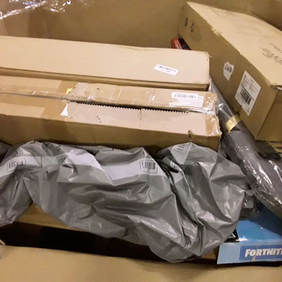PALLET OF ASSORTED PRODUCTS INCLUDING BASKETBALL SYSTEM, AEROBIC STEP, BADMINTON RACKET, COOKER HOOD, TV WALL MOUNT, FORTNITE NERF GUN  