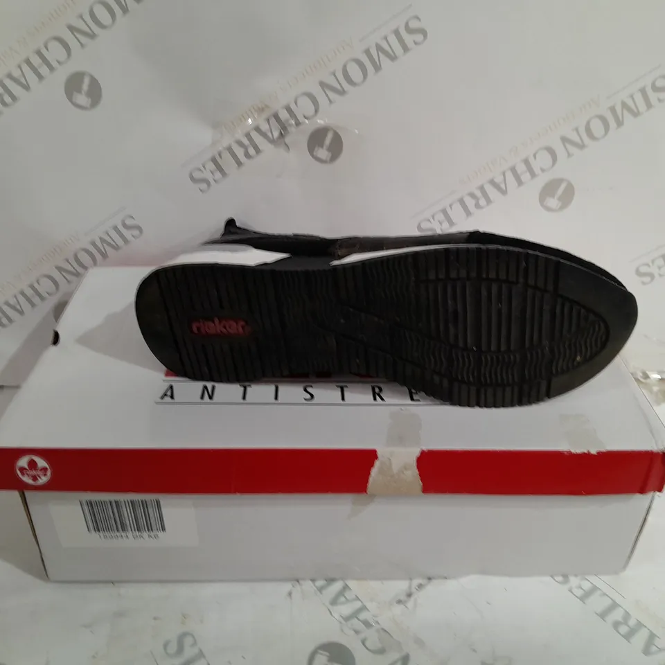 BOXED PAIR OF RIEKER HIGH TOP MIX MATERIAL TRAINER BOOTS IN BLACK UK SIZE 6