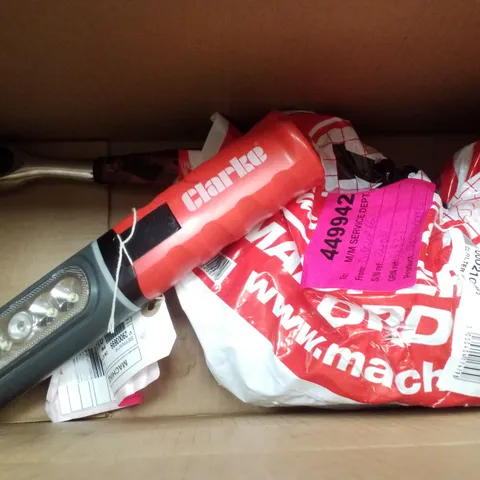 BOX CONTAINING 3 SCRAP ITEMS INCLUDING RECHARGEABLE MULTI FUNCTION WORK LIGHT, 1/2" DRIVE PRO RATCHET & 1/4" FILTER, REGULATOR & LUBRICATOR 