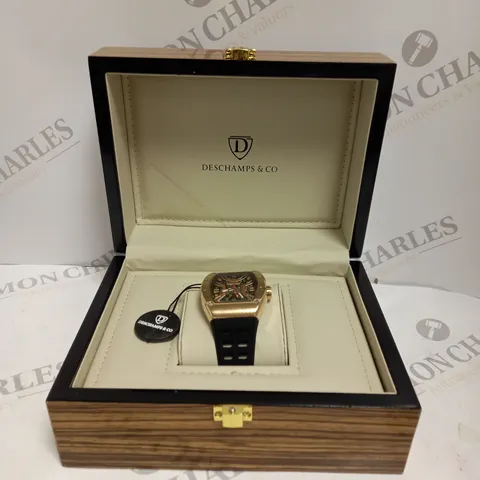 MENS AUTOMATIC DESCHAMPS & CO WATCH – SKELETON DIAL – GLASS EXHIBITION BACK CASE – RUBBER STRAP – WOODEN GIFT BOX 