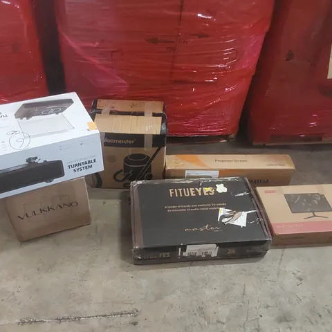 PALLET OF ASSORTED ITEMS TO INCLUDE: HI-FI TURNTABLE SYSTEM, TV STAND, LED MONITOR, VACMASTER, PROJECTOR SCREEN, SUBWOOFER ECT