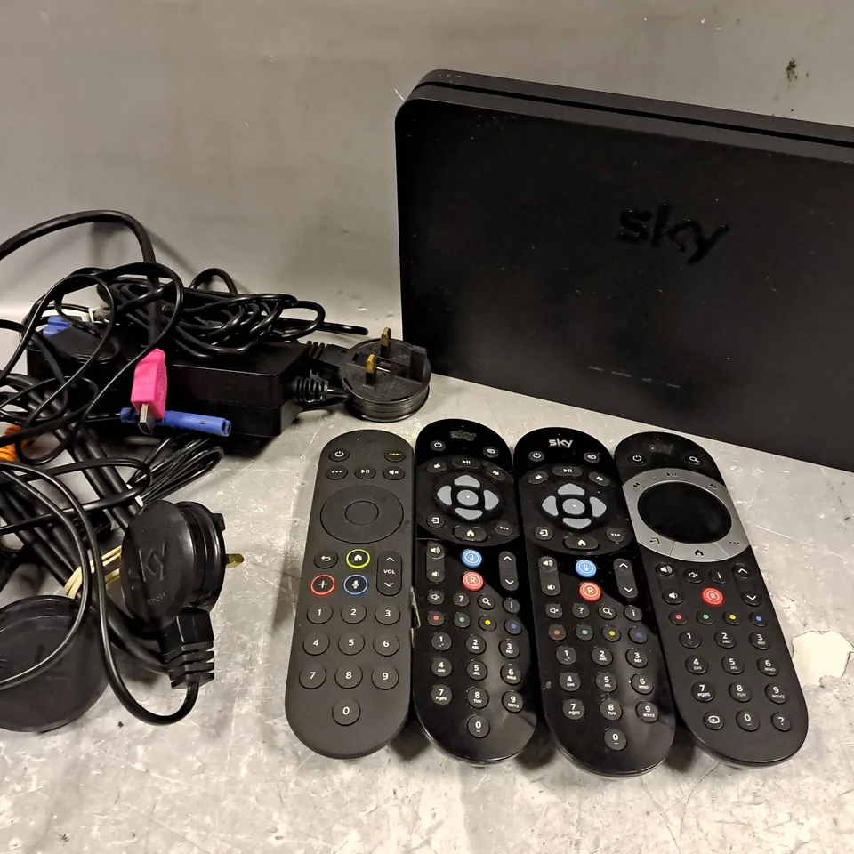 ASSORTED ELECTRICAL HOUSEHOLD ITEMS TO INCLUDE REMOTES. SKY BOX, CABLES, ETC 