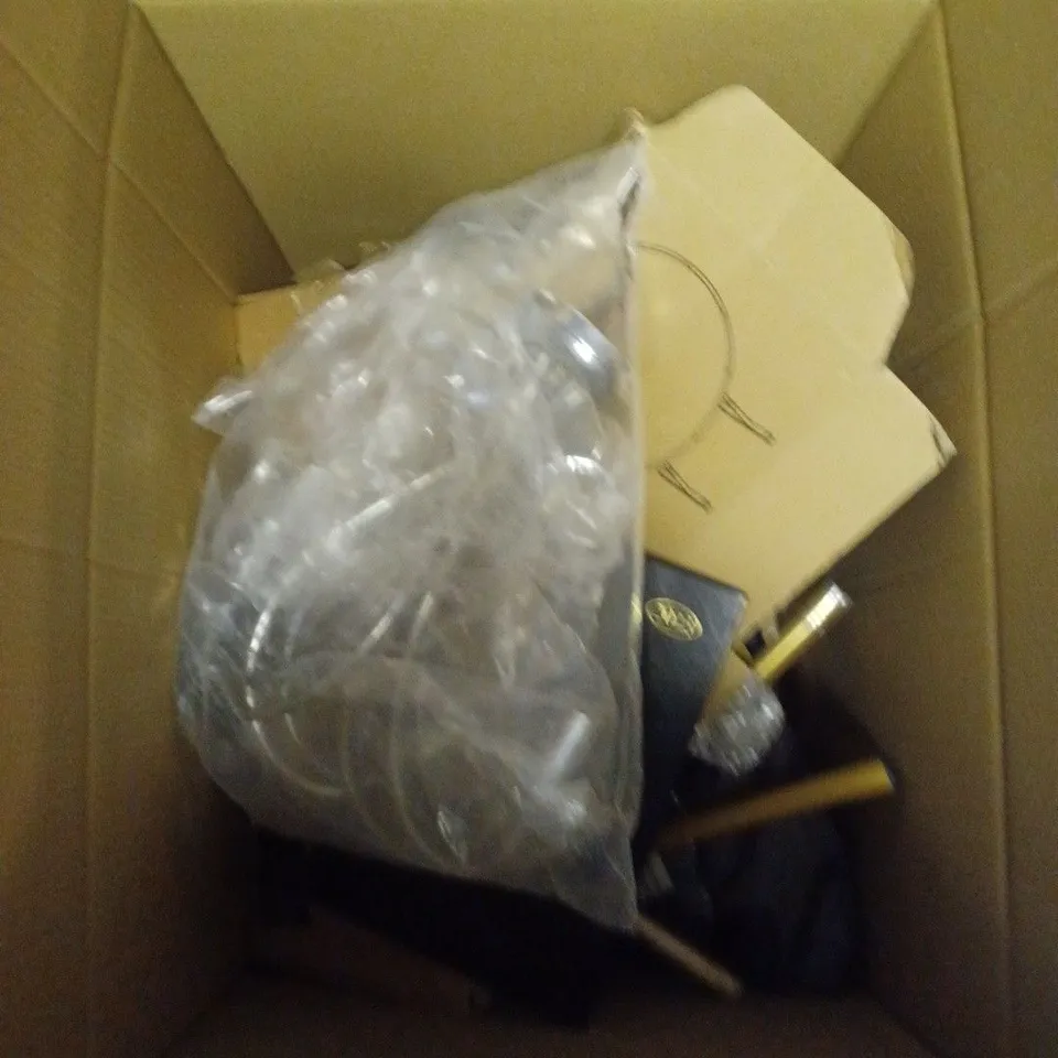 BOX OF APPROXIMATELY 10 HOUSEHOLD ITEMS TO CONTAIN HIKING TRAVEL STICKS, LARGE YOGA MAT, MULTI MASSAGER ETC 