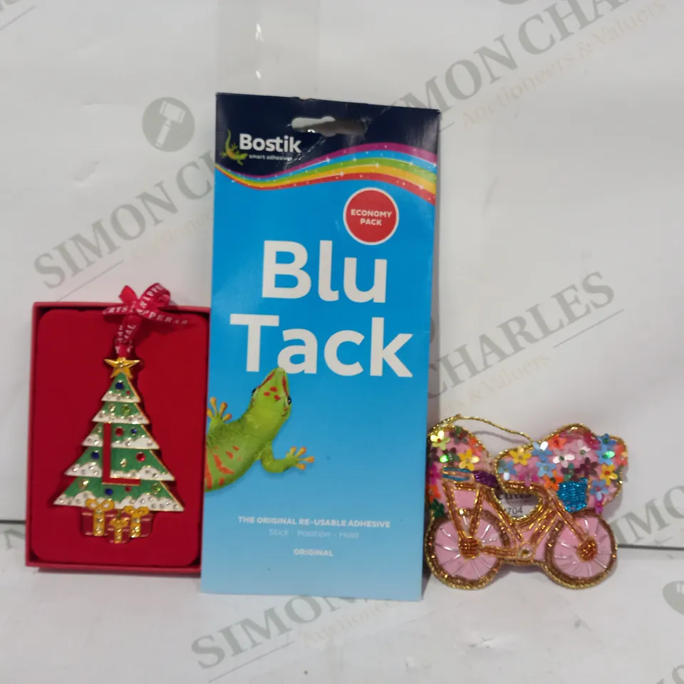 LOT OF APPROXIMATELY 10 ASSORTED HOUSEHOLD ITEMS TO INCLUDE BLU TACK, EMBROIDERY BICYCLE, TIPPERARY CRYSTAL CHRISTMAS TREE DECORATION, ETC