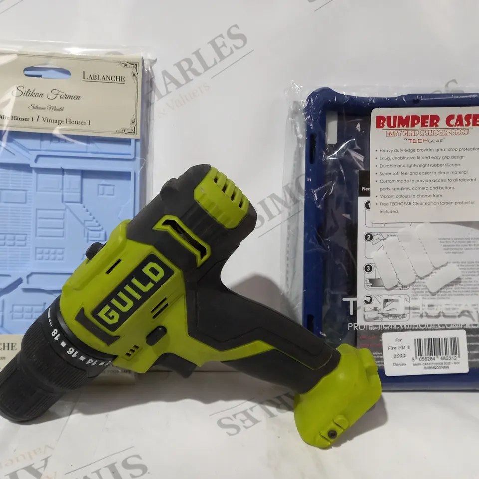APPROXIMATELY 10 ASSORTED HOUSEHOLD ITEMS TO INCLUDE BUMBER CASE, GUILD DRILL, SILICONE MOULD, ETC