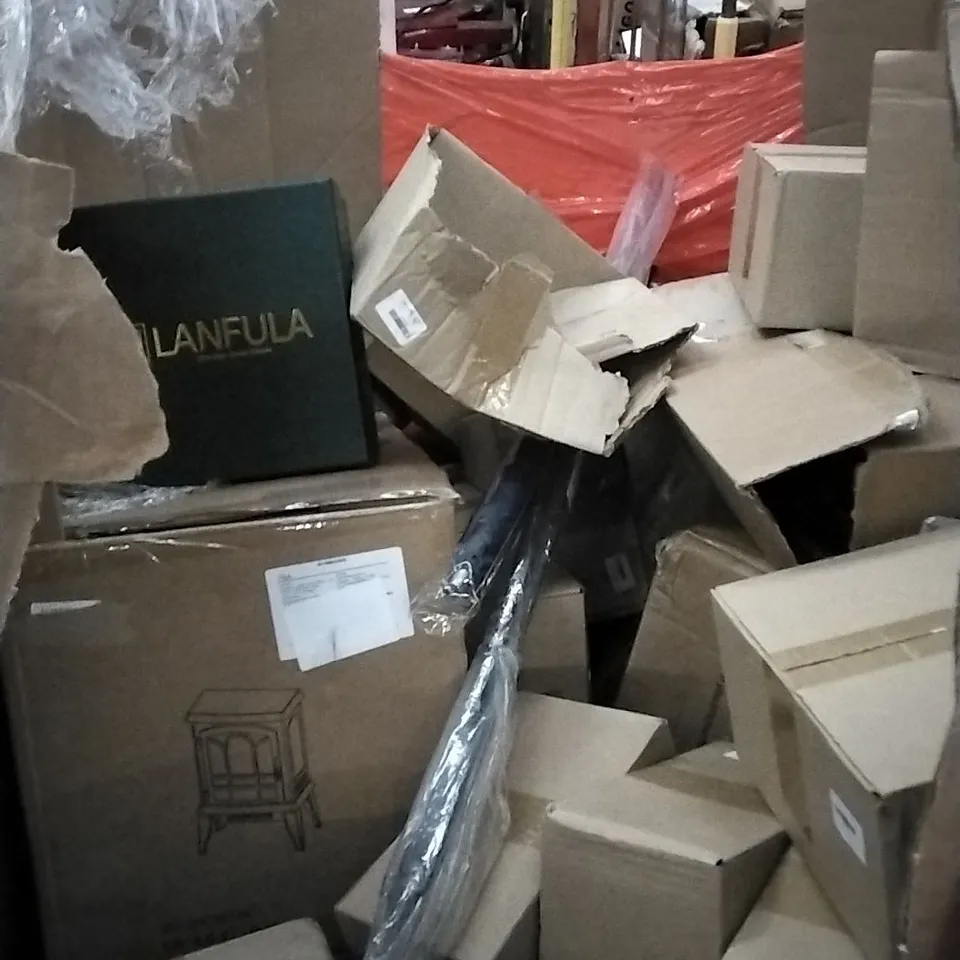 PALLET OF ASSORTED ITEMS INCLUDING CRYSTAL GLASSES, FIREPLACE, AND SPORT GEAR SET ETC,