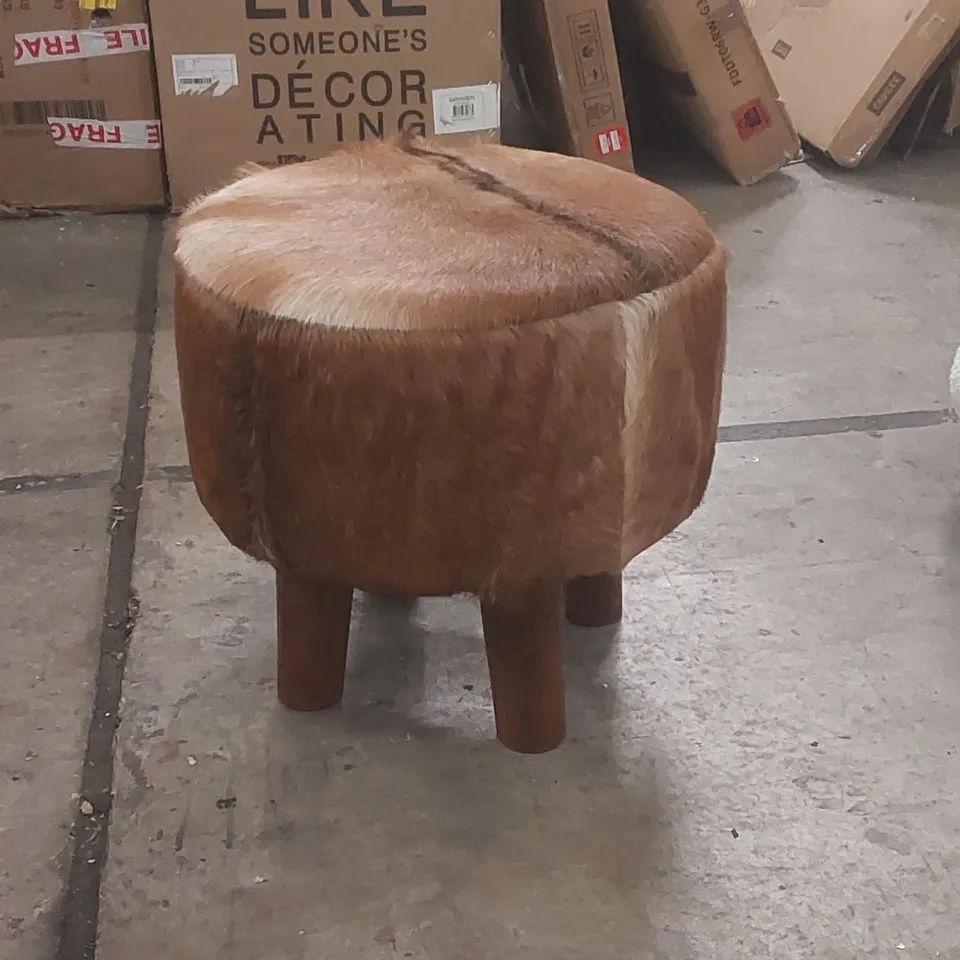 BONNEAU 47CM WIDE GENUINE LEATHER ROUND ANIMAL PRINT FOOTSTOOL OTTOMAN